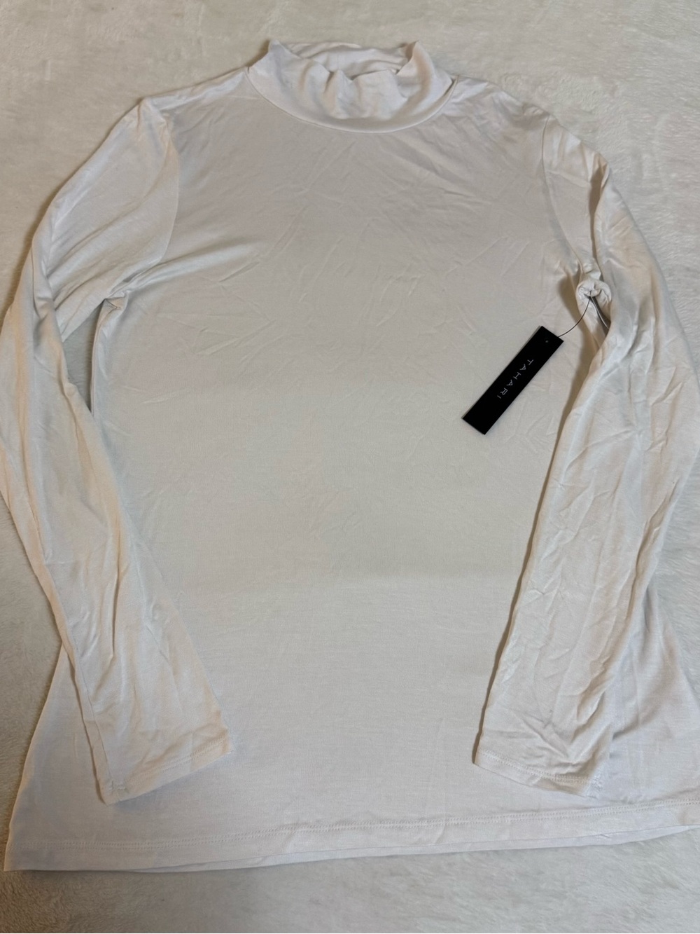 Tahari Women’s Medium White Mock Neck Top Long Sleeve Rayon Stretch NWT